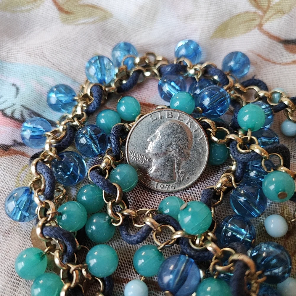 Coldwater Creek Light Weight Extra Long Blue and Jade Green Necklace Gold Tone